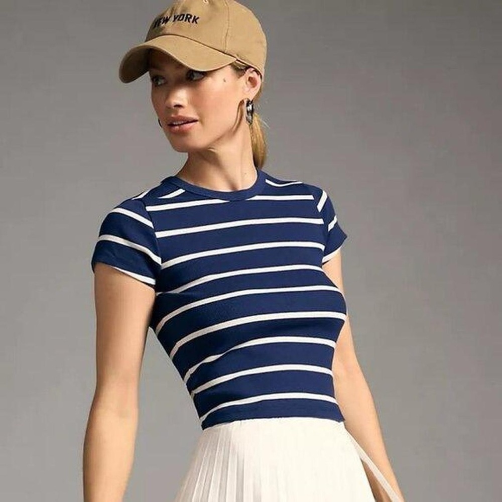 Anthropologie Navy and White Striped Tee